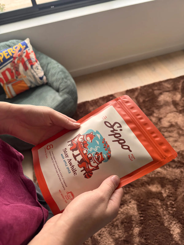 Hands hold the Stay Awhile apple spice tea pack on a cosy rust rug by a sunny window